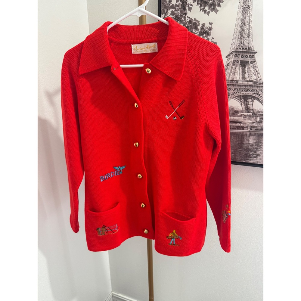 Andremo Argenti Vintage Red Golf‎ Embroidered Cardigan Sweater Gold Buttons M